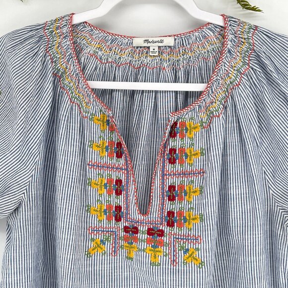 Madewell Striped Embroidered Top Size Med Blouse Boho Chic Peasant Cottagecore - Picture 5 of 7